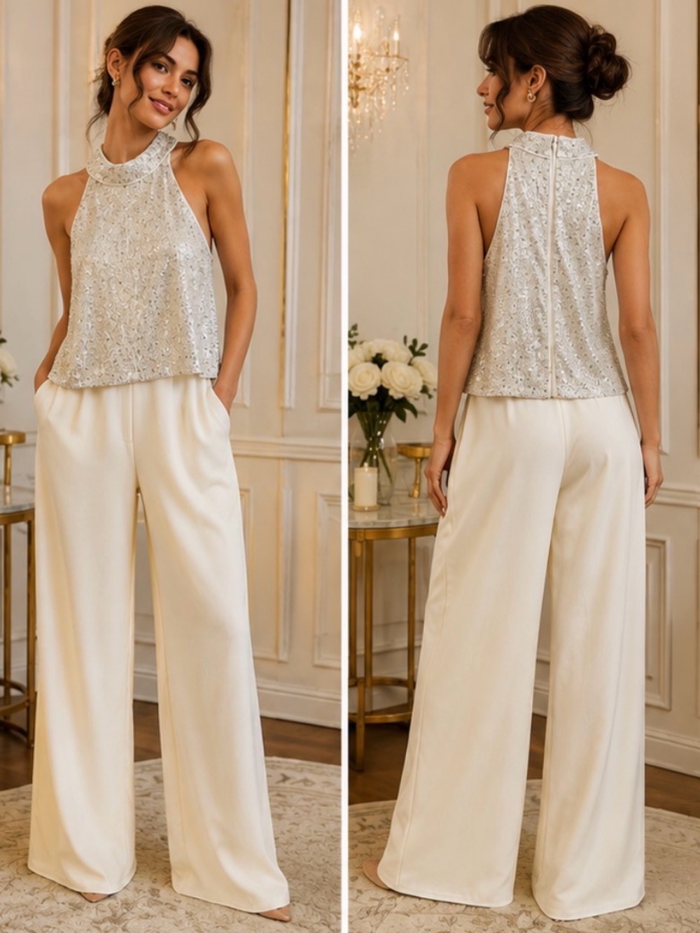Alexa B Ivory & Silver Sequin Halter Wide-Leg Jumpsuit
